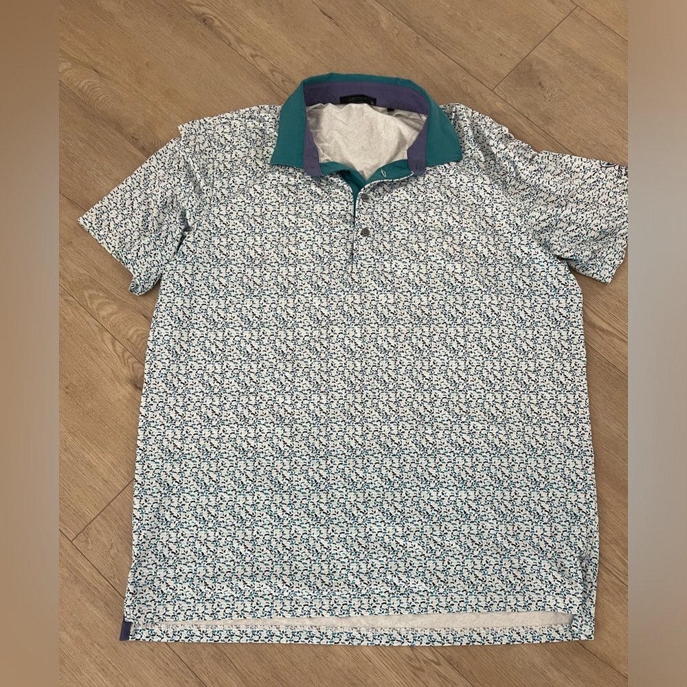 Greyson Mens Polo Shirt White Blue Wolf Pack AOP Collared Logo‎ Golf Rugby